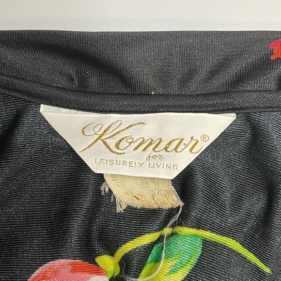 Vintage 60s 70s Komar Black Tulip‎ Floral Print Satin Polyester Robe Large - Picture 8 of 9